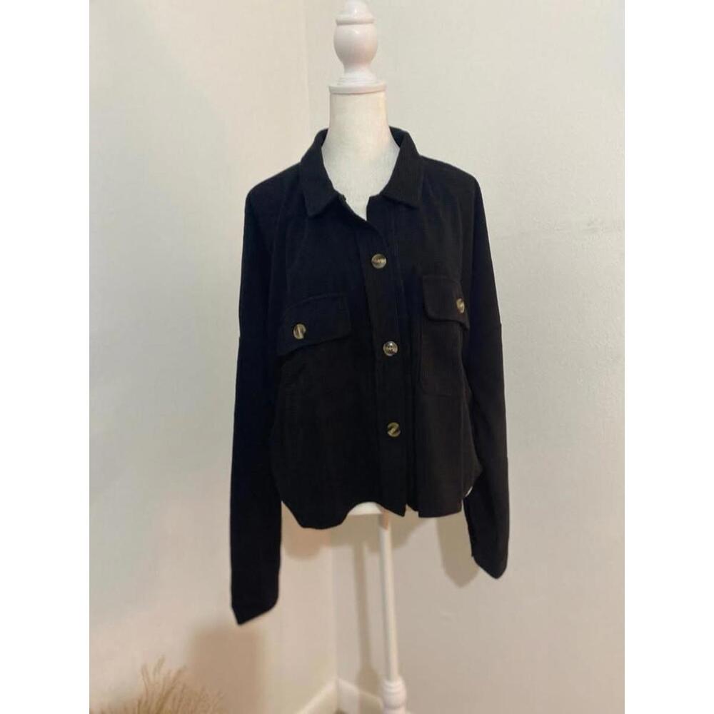 Black Button-Up Jacket w Pockets Black -Large-New (0027)